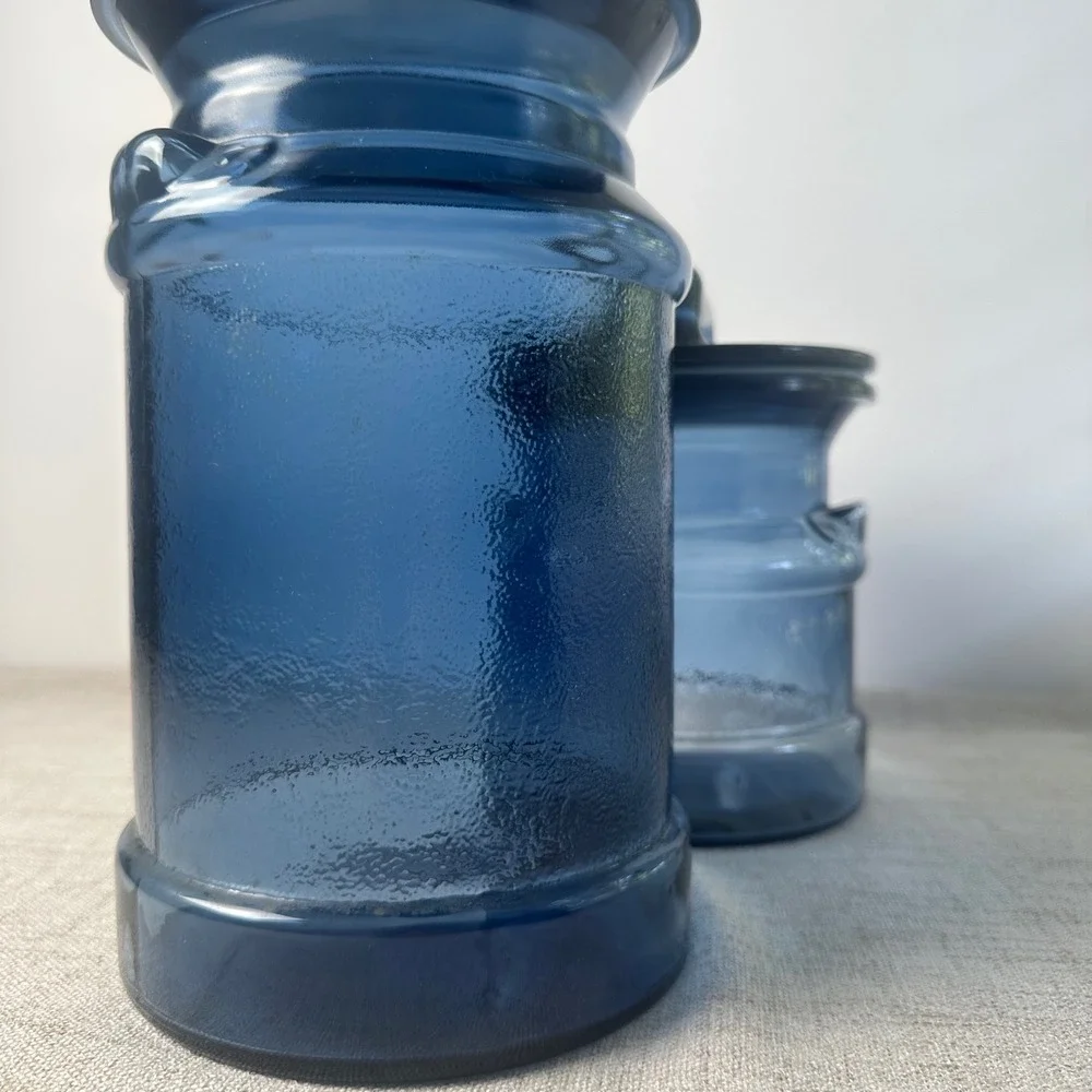 Vintage Cobalt Blue Glass Canister Set of 2 Handled Lids Kitchen Storage Jars